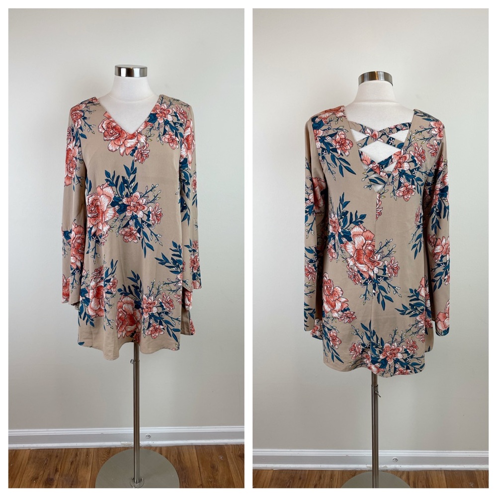 Love Riche Brown Pink Floral Bell Sleeve Dress Boho Women Medium